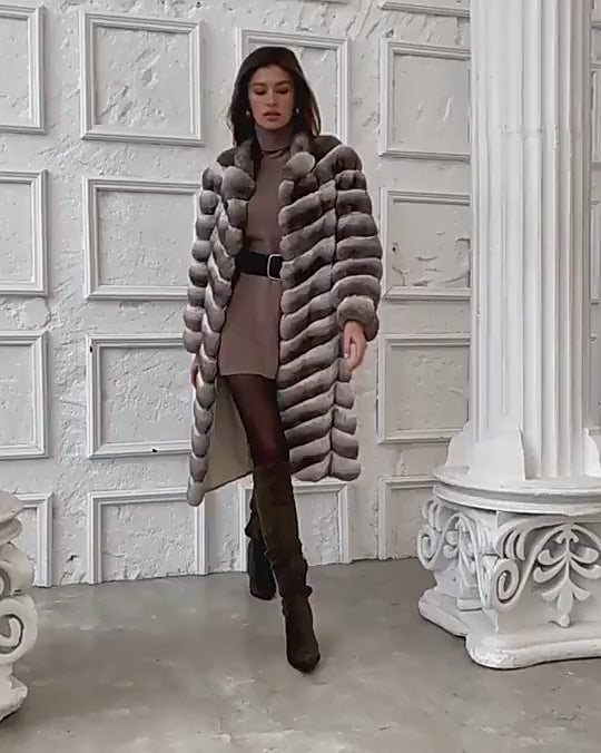 Women's Long Rex Rabbit Fur Overcoat with Chinchilla-Look... - HER SHOP