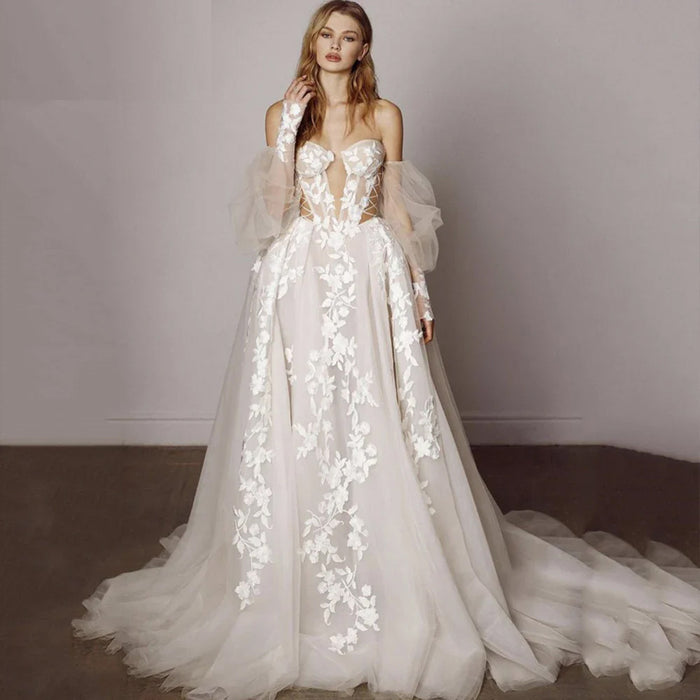 Princess Illusion Wedding Dress with Deep V-Neck Corset & Sweep Train
