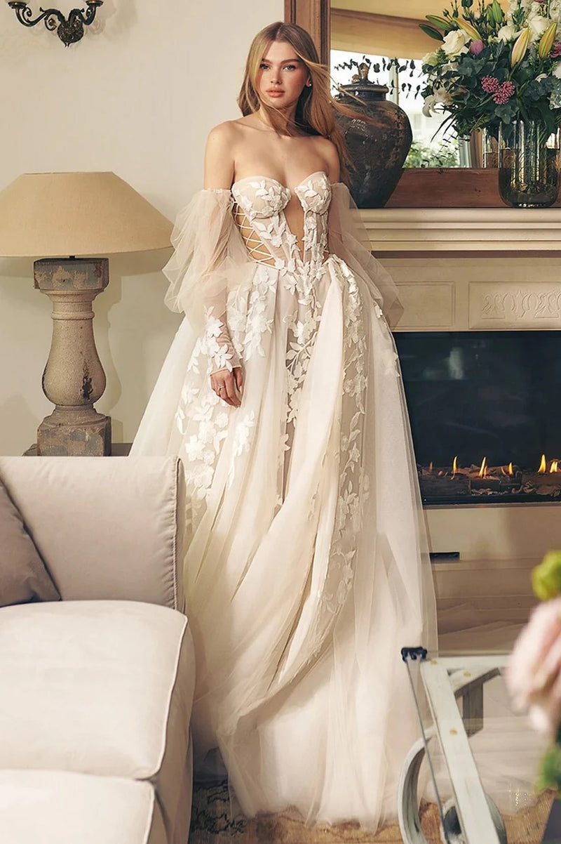 Princess Illusion Wedding Dress with Deep V-Neck Corset & Sweep Train
