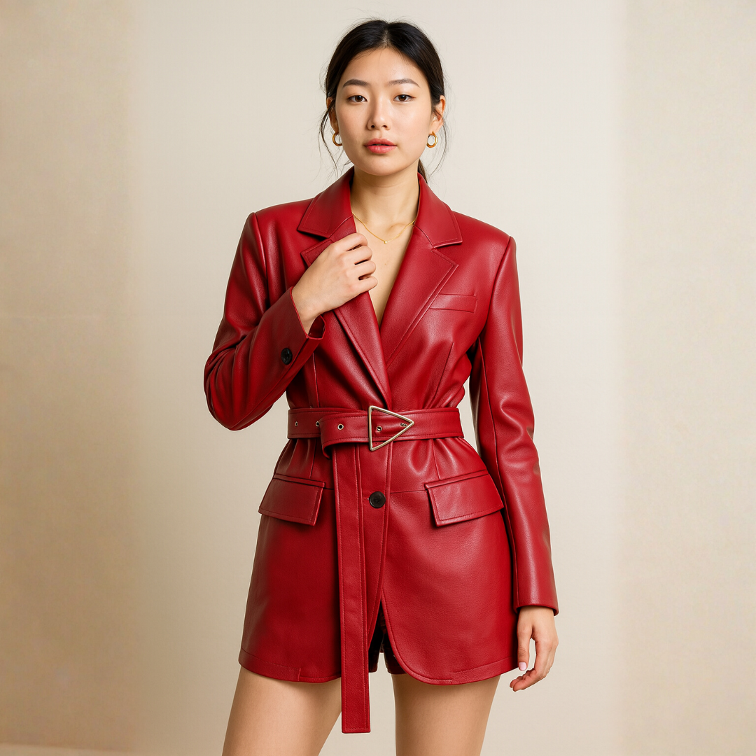 Chic Red Women’s Genuine Sheepskin Leather Blazer with Belt – Turn-Down Collar Mid-Length Jacket