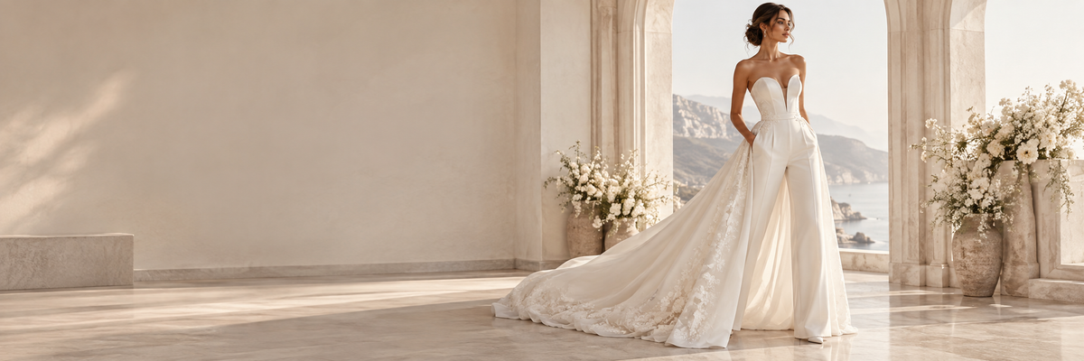 Bride wearing an elegant white bridal jumpsuit with a flowing train