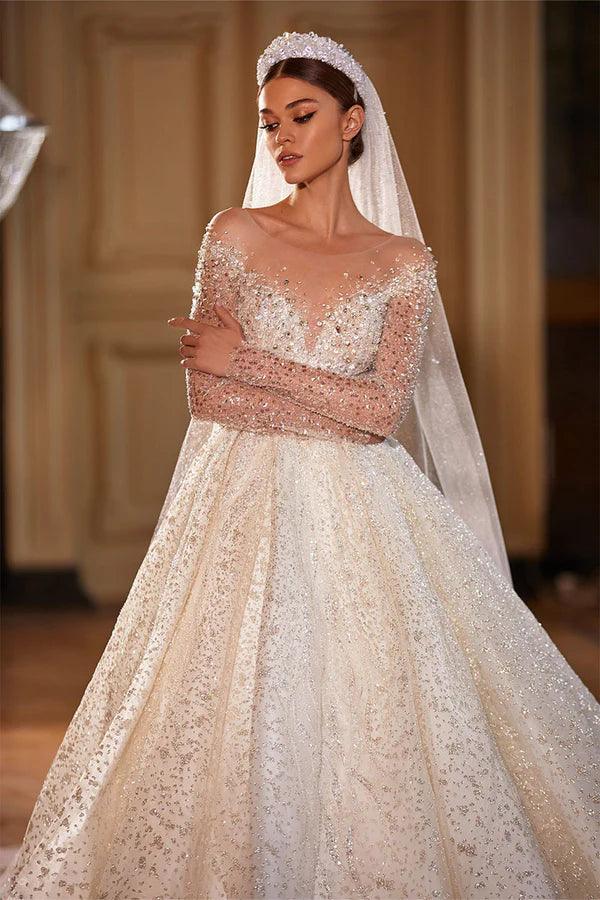 wedding dress long sleeve princess High Neck Long Sleeves Tulle Princess Wedding Dress Lace Edge