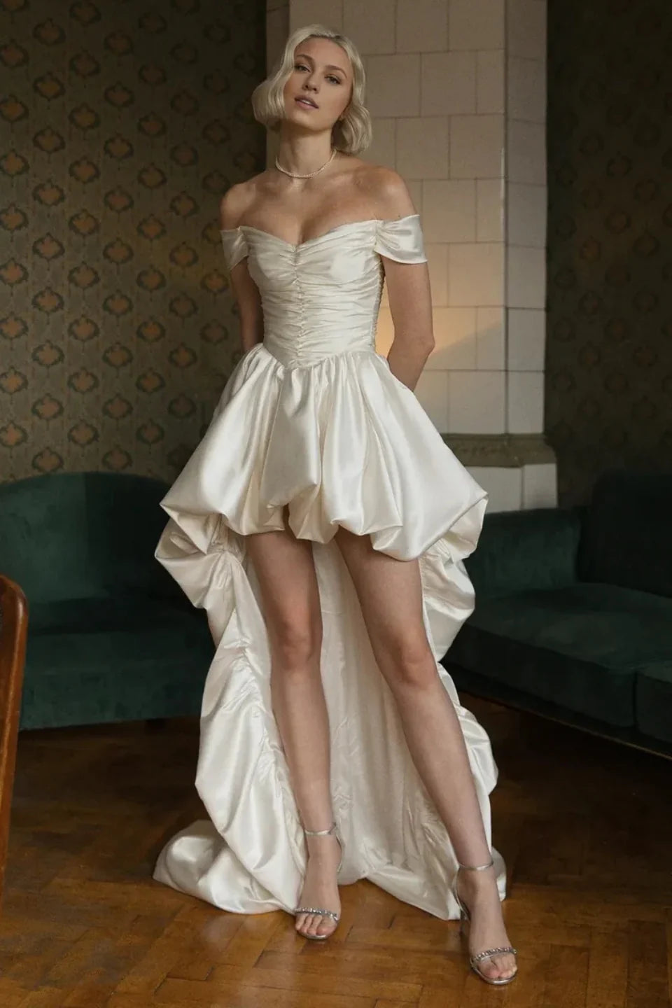 Custom Made Elegant Off Shoulder Short A-Line Wedding Dress with Puff Sleeves  -  High Low Soft Satin Bridal Gown - HER SHOP