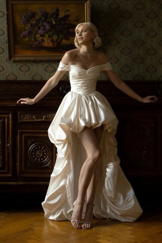 Custom Made Elegant Off Shoulder Short A-Line Wedding Dress with Puff Sleeves  -  High Low Soft Satin Bridal Gown - HER SHOP