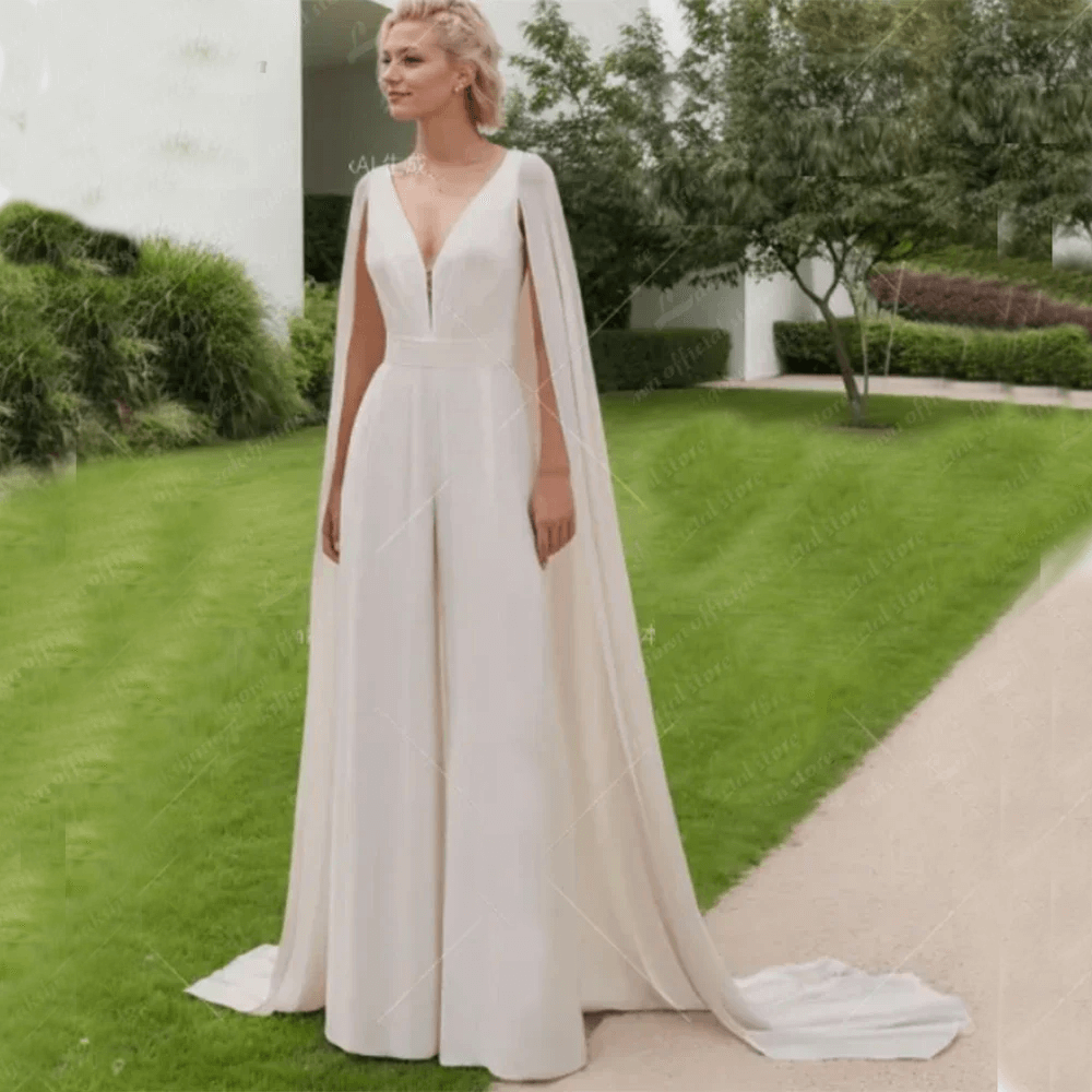 Chic Sexy Custom Made Ivory Wedding Jumpsuit with Cape – V-Neck