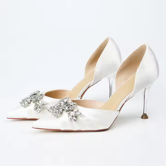 Shallow Pointed Toe Rhinestone Slip-On Stiletto Wedding Shoes - High Heel Solid Silk Pumps - HER SHOP