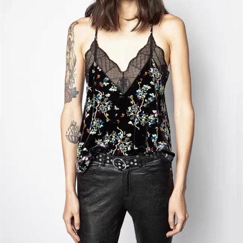 Spring Summer Women Black Velvet Lace Floral Printed Top - HER SHOP