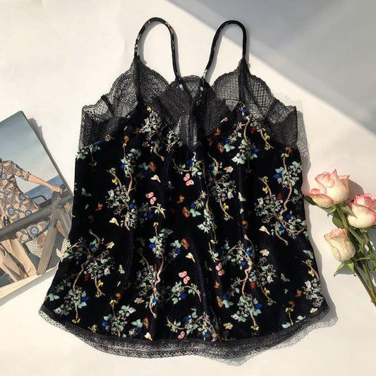 Spring Summer Women Black Velvet Lace Floral Printed Top - HER SHOP