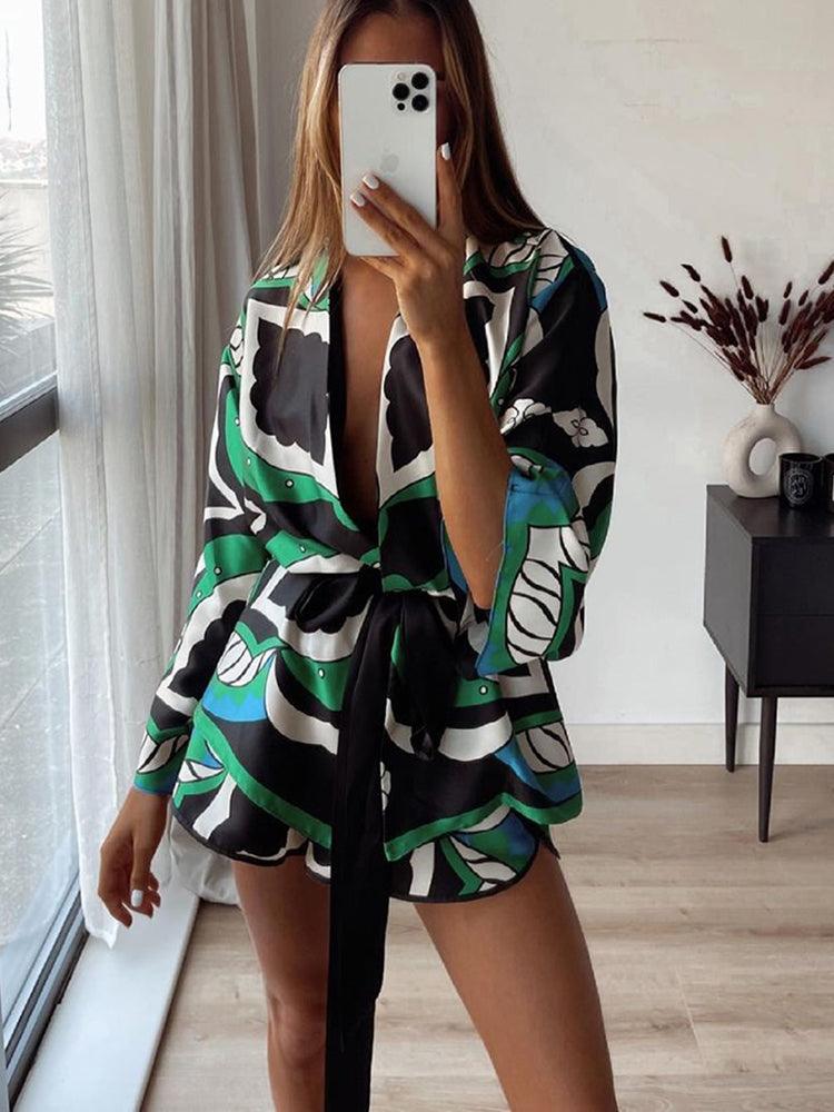 Batwing Sleeve Kimono Blouse Geometric Print Turn Down Collar Belt Sashes Oversize Casual Shirts Women Summer Chic Tops Outwear - HER SHOP