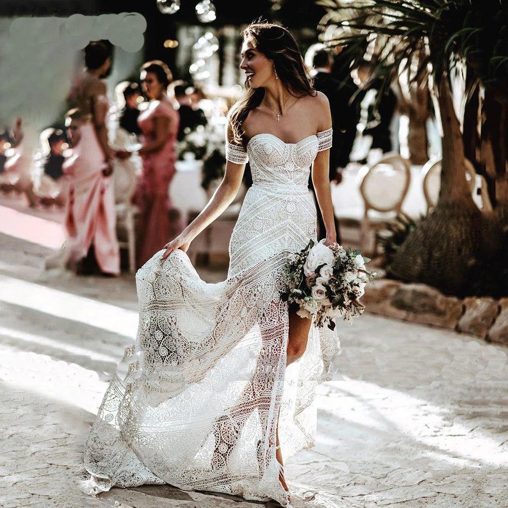 Bohemian Mermaid Wedding Dress Sexy Off The Shoulder Beach Bridal Gown With Lace Applique and Train