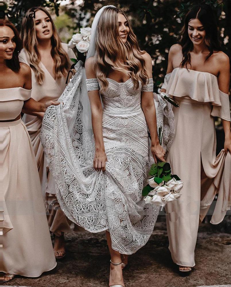 Bohemian Mermaid Wedding Dress Sexy Off The Shoulder Beach Bridal Gown With Lace Applique and Train