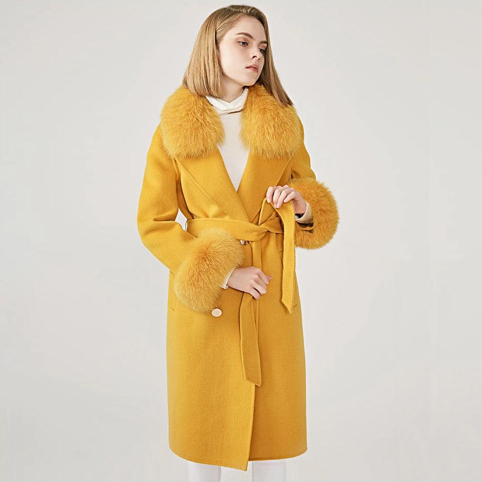 Women's Wool Coat with Spring Real Fox Fur Collar