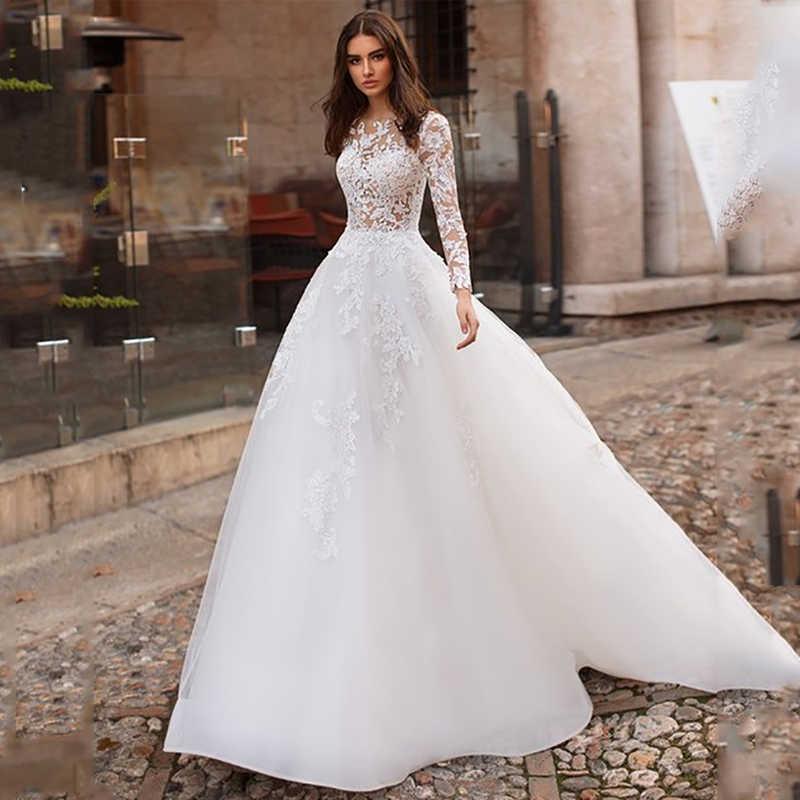 Custom Made Lace Appliqué Tulle A-Line Modest Wedding Dress with Long Sleeves - HER SHOP®