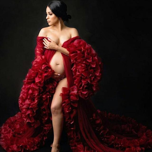 Dark Red Maternity Dresses Plus Size Tiered Ruffles Long Sleeve - HER SHOP