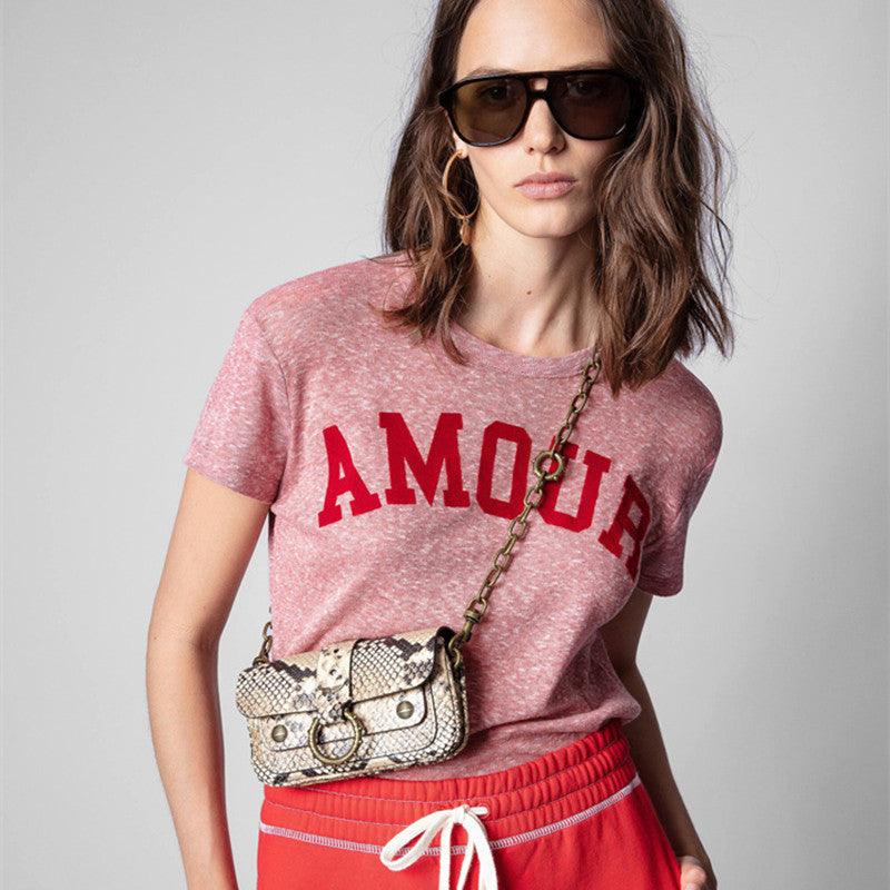 Fashion T-shirts New Flocking Letters Woman T-shirts Spring Summer Zadig Voltaire T-shirts Casual Tops for Women Pink Color T-shirts - HER SHOP