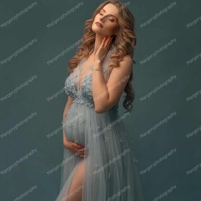 Elegant Light Blue Tulle 3D Flowers Maternity Photography Baby Shower Dresses