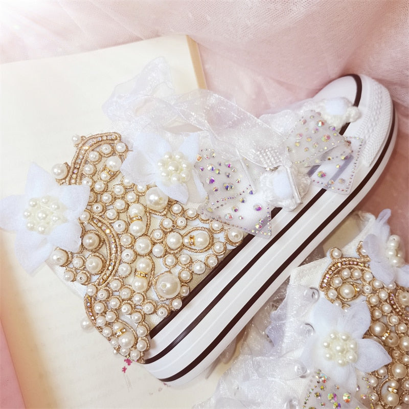 Hand-made Bowknot Pearl Flower Wedding Party Sneakers
