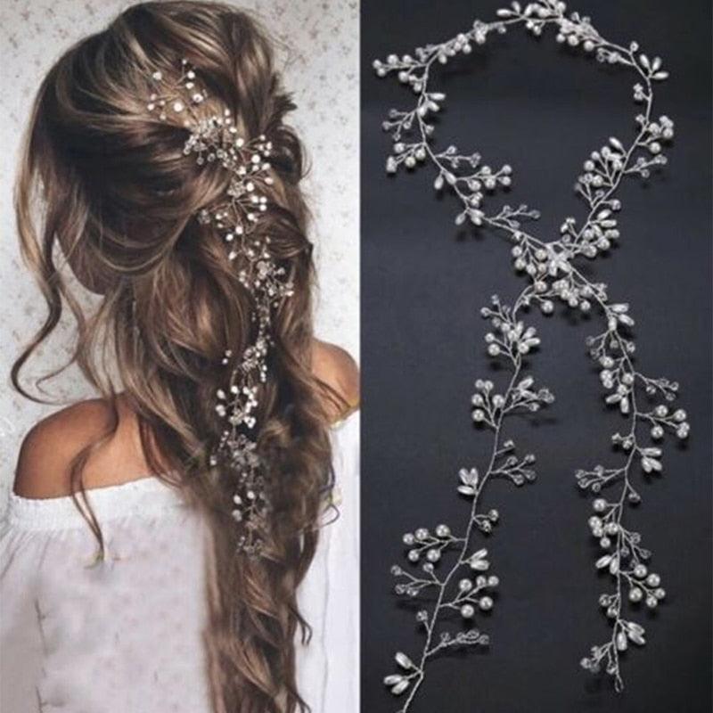 Crystal Pearl Bridal Tiaras Hairbands Hairpins Bridesmaid Diamante Hair Vine Accessories Wedding Jewelry 35cm Headwear - HER SHOP
