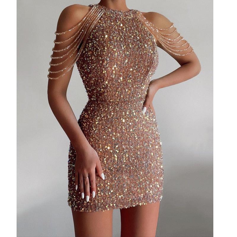 Off Shoulder Gold Sequin Party Bodycon Dress - HER SHOP