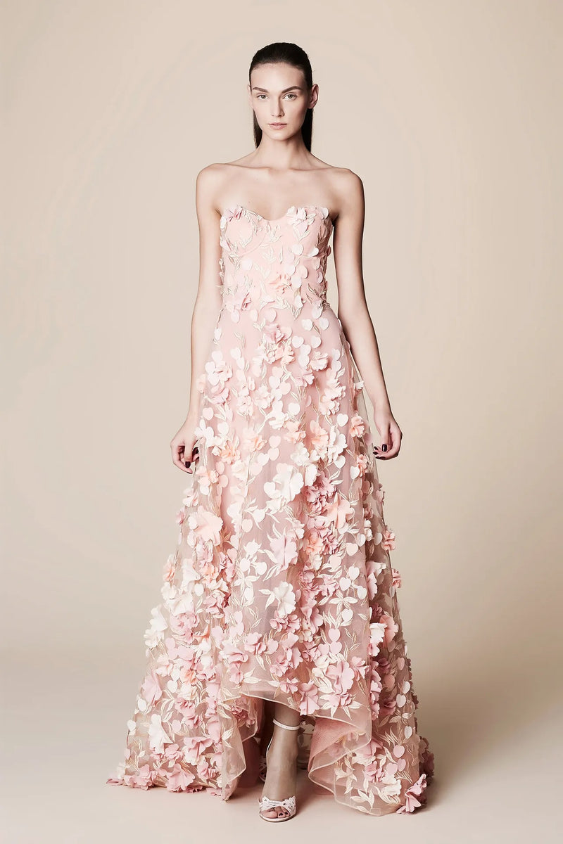 Strapless  A-line Asymmetry Layered Floral Prom Dresses