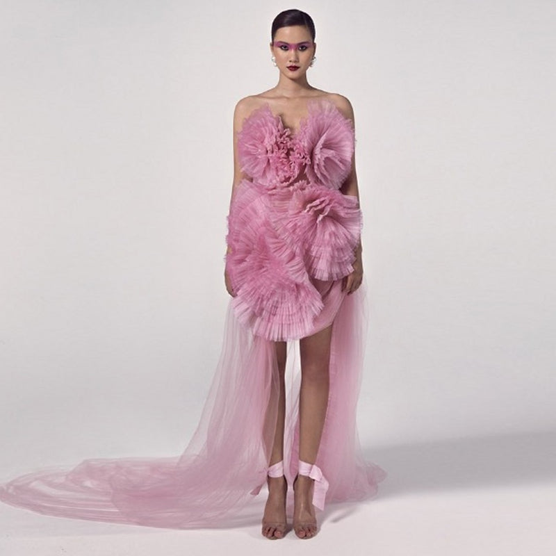 Unique Designed 3D Flower Tulle Prom Gowns