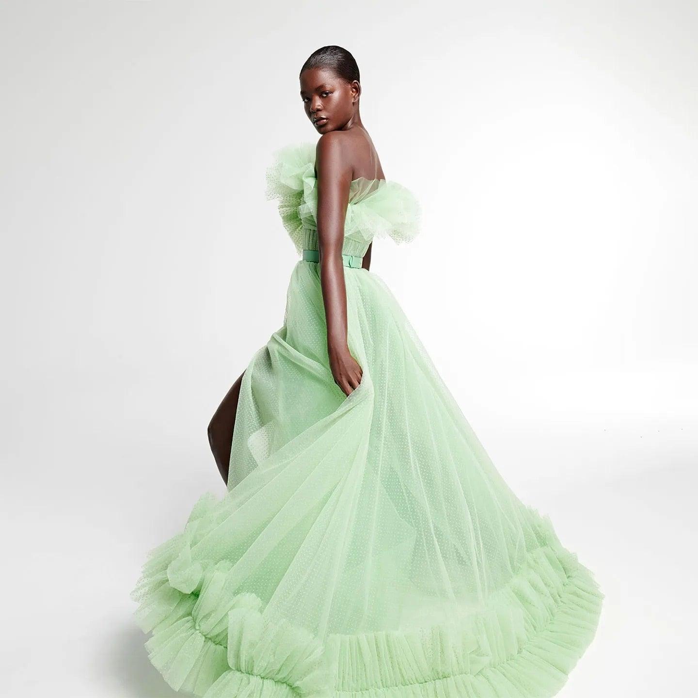 Mini Green Dot Tulle Split Corset Long Maxi Gowns HER SHOP INC