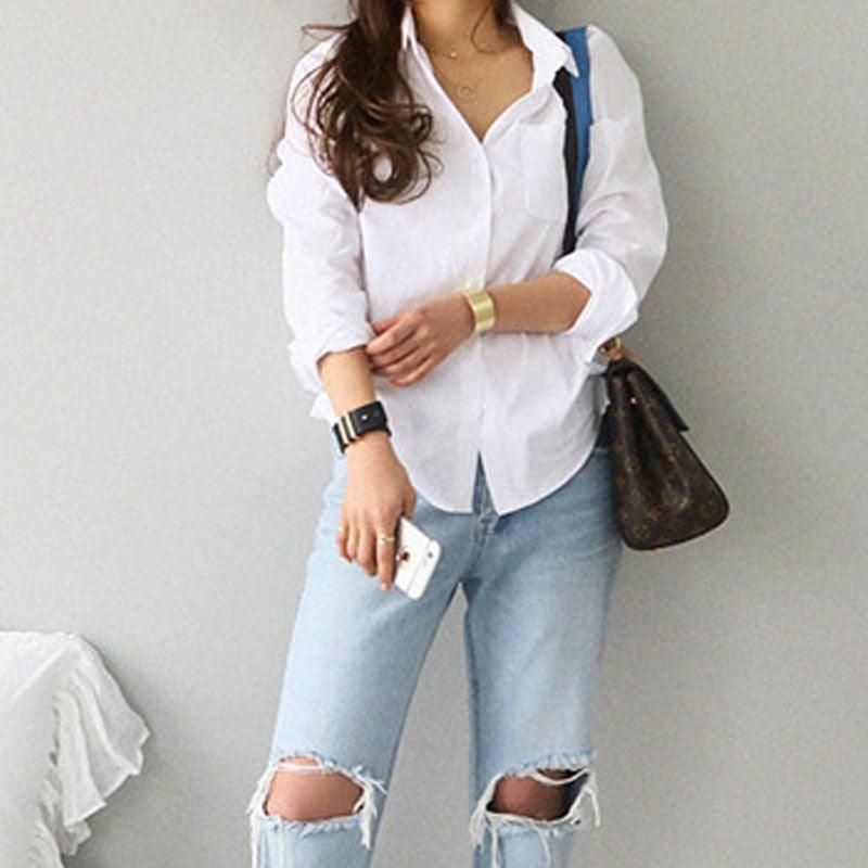 Women's Shirts and Blouses – Feminine Long Sleeve Casual White Blouse with Turn-Down Collar, Loose OL Style Top