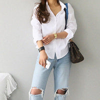 Women's Shirts and Blouses – Feminine Long Sleeve Casual White Blouse with Turn-Down Collar, Loose OL Style Top