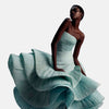 Haute couture Pale Blue Ruffles Tulle Mid Calf Length Long Prom Dress