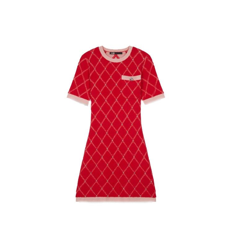 Red Color Block Argyle Knit Bodycon Mini Dress - French Vintage Style, Perfect for Christmas & Holiday Parties