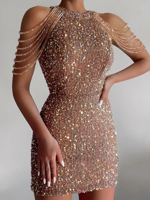 Off Shoulder Gold Sequin Party Bodycon Dress