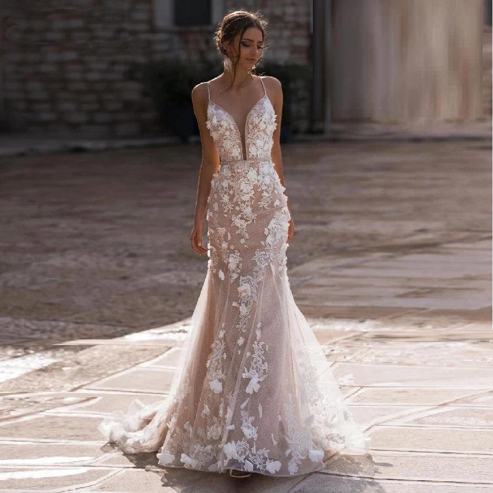 Sexy Mermaid Deep V-Neck Spaghetti Straps Beading Crystal Sashes 3D Appliques Vestido De Novia Bridal Gowns - HER SHOP