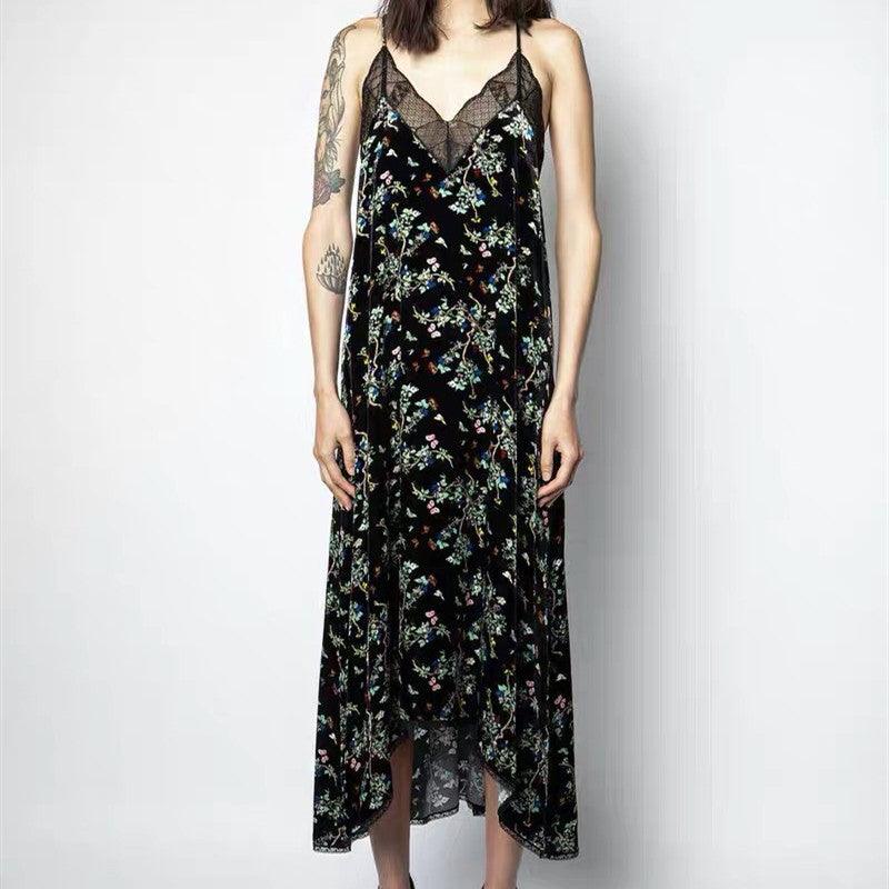 Exquisite Velvet Irregular Sleeveless V-neck Spring and Summer Floral Print Sling Dress - HER SHOP