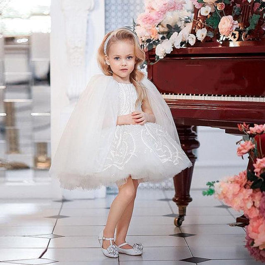 Flower Girl Dress with Cape Ball Gown Baby Girl Birthday Party Dresses Glitter Lace First Communion Dress - HER SHOP