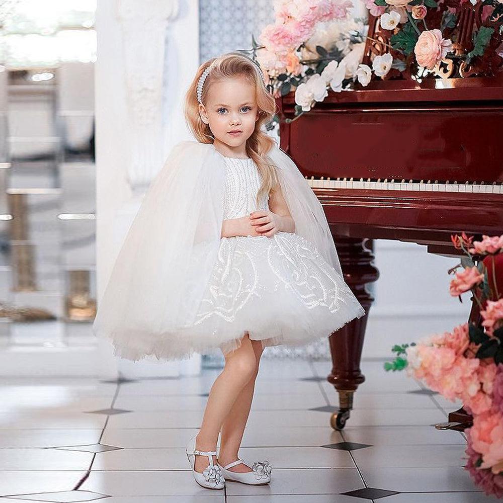 Flower Girl Dress with Cape Ball Gown Baby Girl Birthday Party Dresses Glitter Lace First Communion Dress - HER SHOP