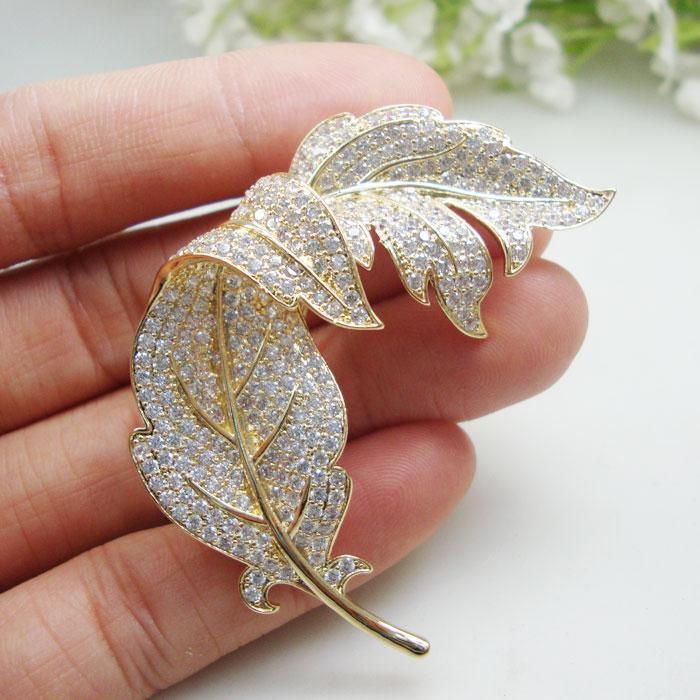 Clear Zircon Crystal Leaf Gold-Tone Brooch for Women - HER SHOP
