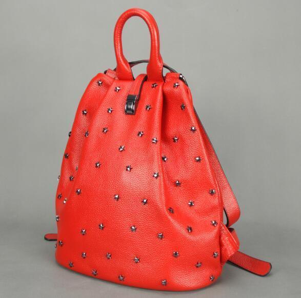 Punky style women stud cow skin genuine leather soft backpack