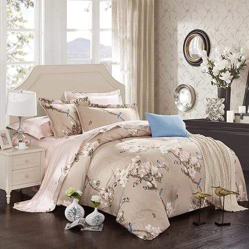 Her Shop Bedding Color 1 / Queen 4pcs 100% Cotton Soft Flowers Birds Print Bedding Set