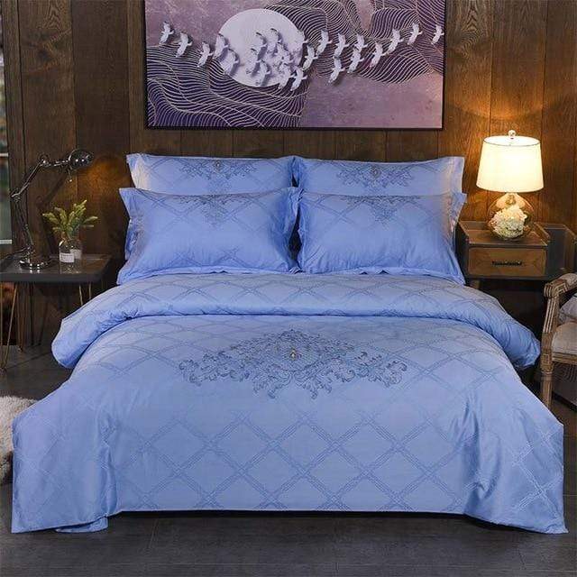 Luxury Embroidery Egyptian Cotton Blue Bedding Set Queen King Size Duvet  Cover
