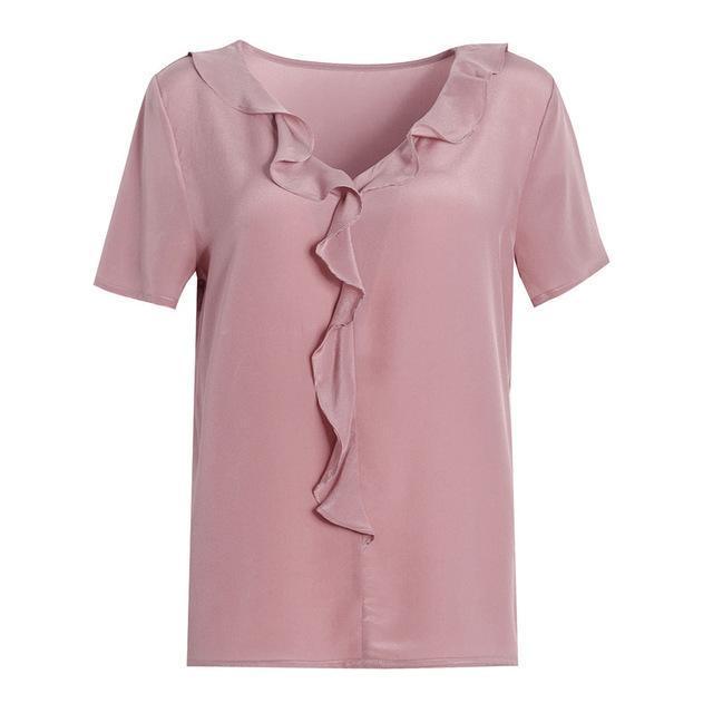 Her Shop Blouse Cameo / XL 100% REAL SILK Crepe Short Sleeved Ruffled Collar Blouse