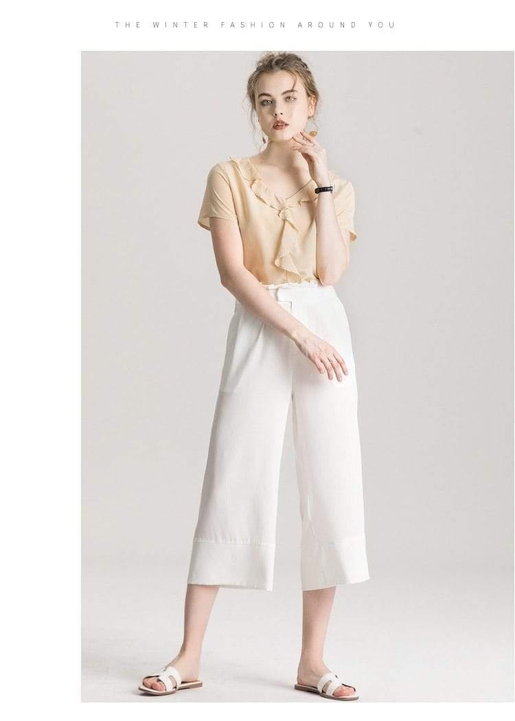 Her Shop Blouse 100% REAL SILK Crepe Short Sleeved Ruffled Collar Blouse