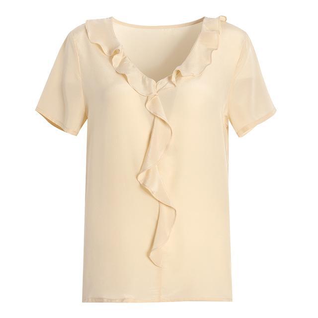 Her Shop Blouse Beige / M 100% REAL SILK Crepe Short Sleeved Ruffled Collar Blouse