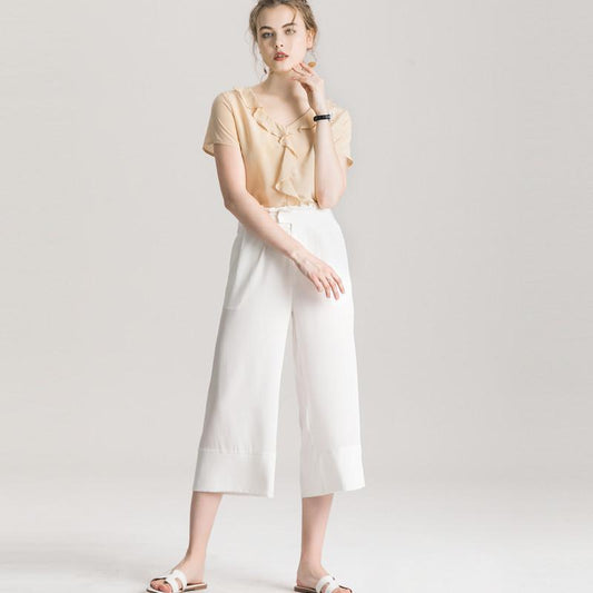 Her Shop Blouse 100% REAL SILK Crepe Short Sleeved Ruffled Collar Blouse - HER SHOP