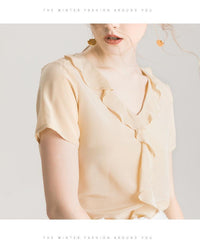 Her Shop Blouse 100% REAL SILK Crepe Short Sleeved Ruffled Collar Blouse