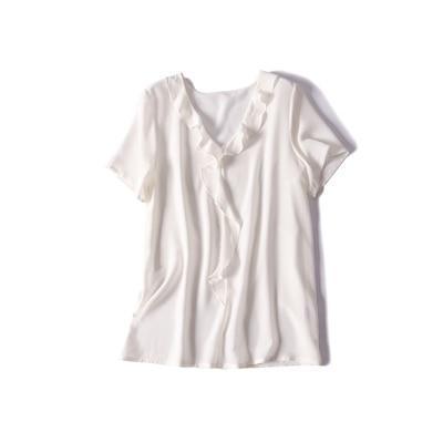 Her Shop Blouse 100% REAL SILK Crepe Short Sleeved Ruffled Collar Blouse