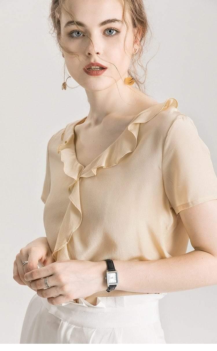 Her Shop Blouse 100% REAL SILK Crepe Short Sleeved Ruffled Collar Blouse