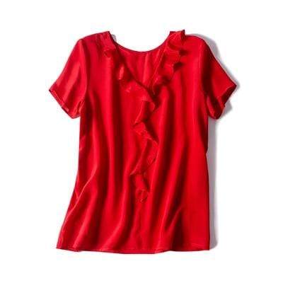 Her Shop Blouse Red / M 100% REAL SILK Crepe Short Sleeved Ruffled Collar Blouse