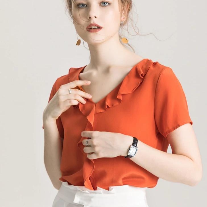 Her Shop Blouse 100% REAL SILK Crepe Short Sleeved Ruffled Collar Blouse - HER SHOP