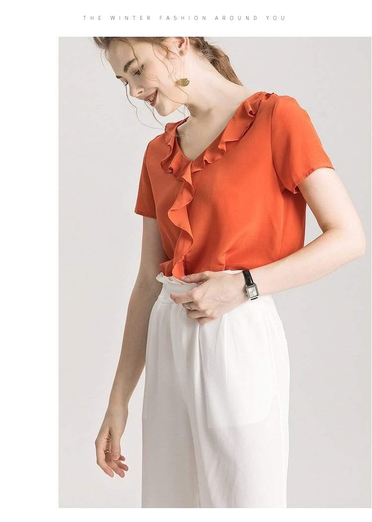 Her Shop Blouse 100% REAL SILK Crepe Short Sleeved Ruffled Collar Blouse