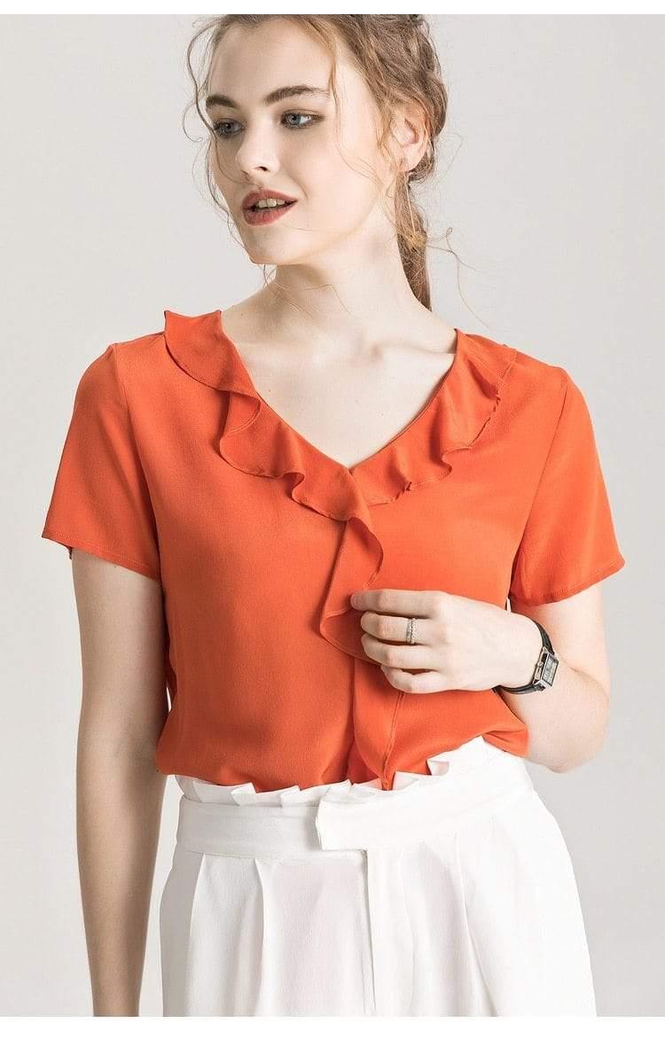 Her Shop Blouse 100% REAL SILK Crepe Short Sleeved Ruffled Collar Blouse